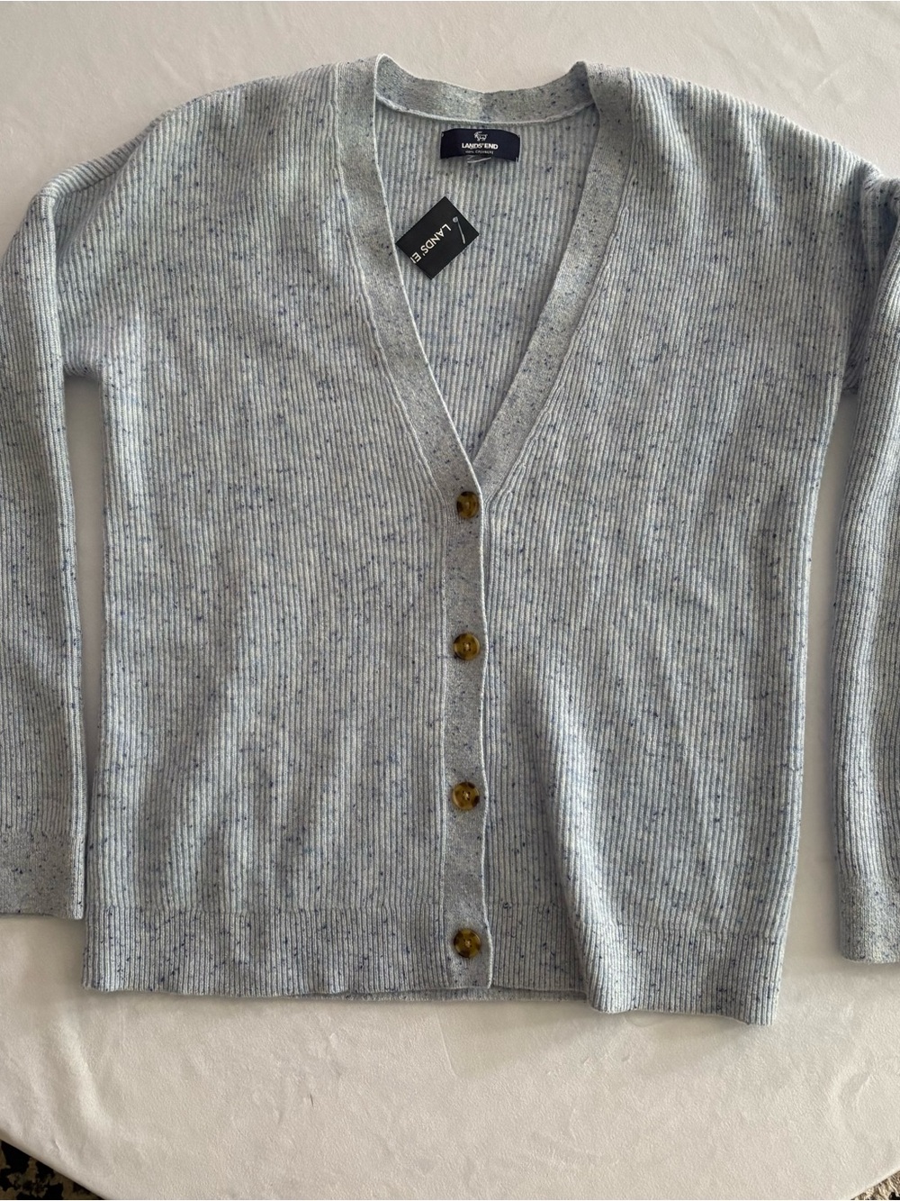 Lands' End Light 100% Cashmere Blue Speckled V-Neck Sweater